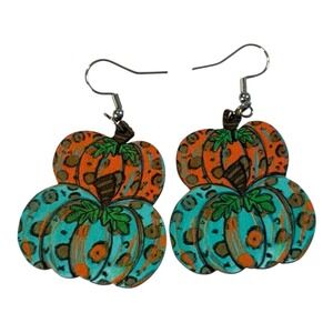Pumpkin Earrings Stacked Wood Teal Orange‎ Fall Halloween Leopard Print New